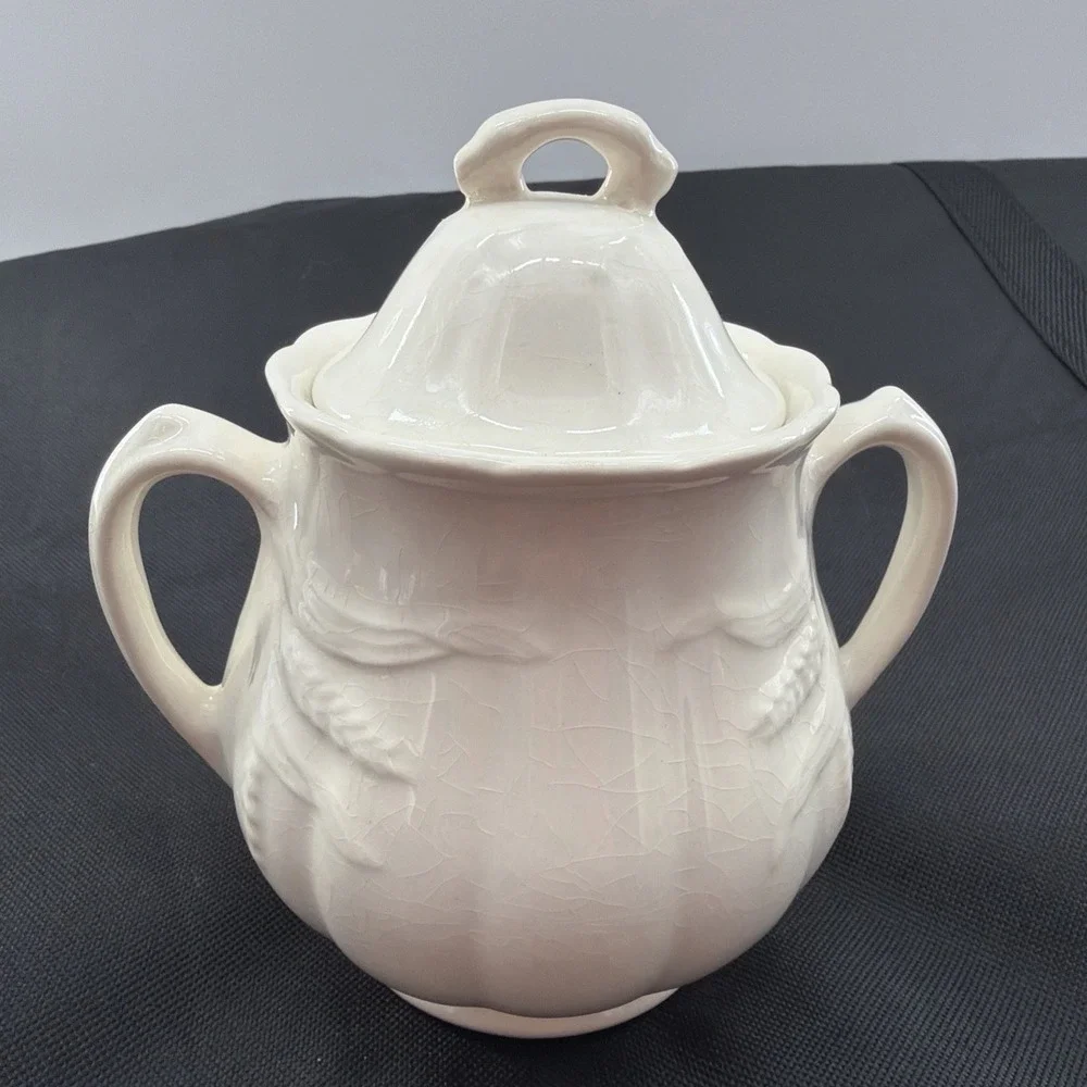 Wheat Sheaf Sugar Bowl White Ironstone w/ Lid Wilkinson Staffordshire England